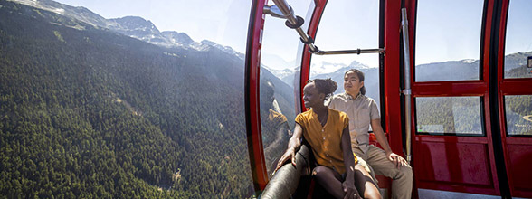People enjoying scenic mountain views aboard the Peak 2 Peak Gondola in Whistler, British Columbia.