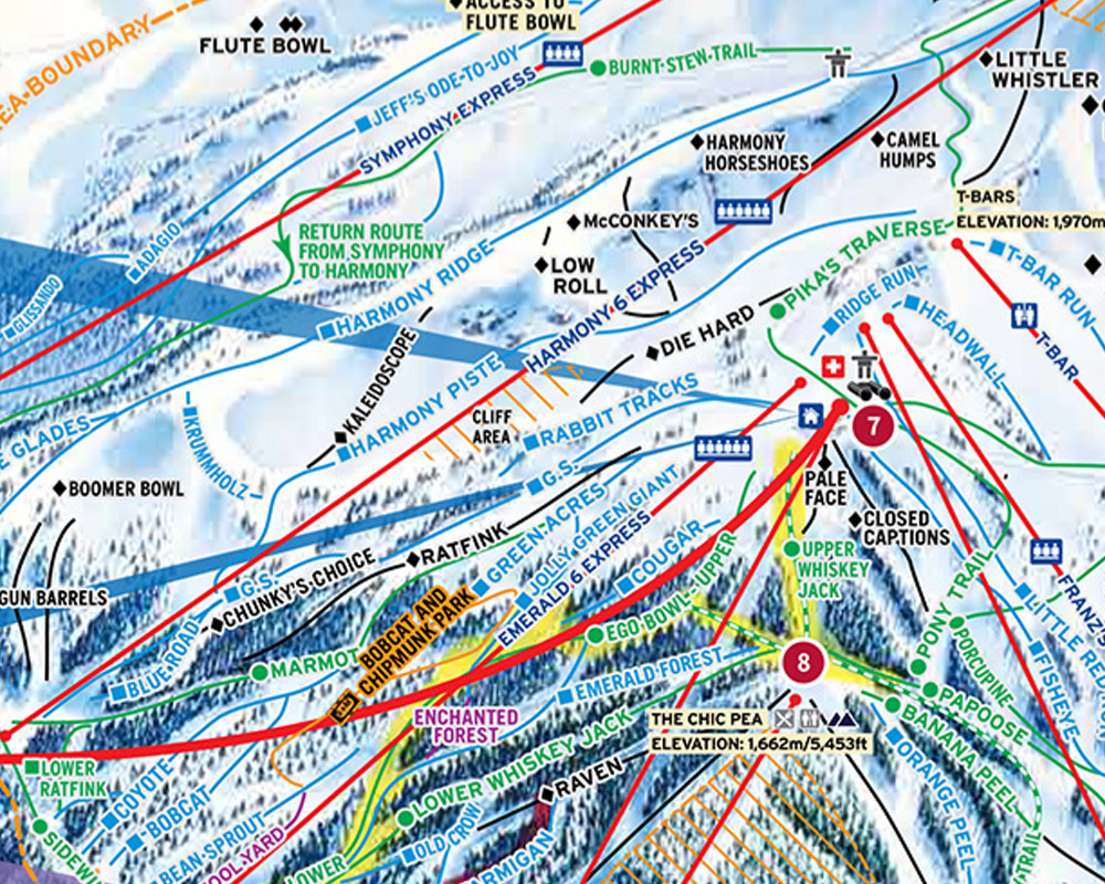 Whistler Blackcomb ski trail map highlighting runs, lifts, and mountain zones.